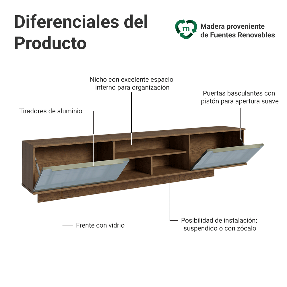 Mueble para TV Suspendido hasta 80 Pulgadas 218 cm 2 Puertas Marrón/Gris Lux Madesa