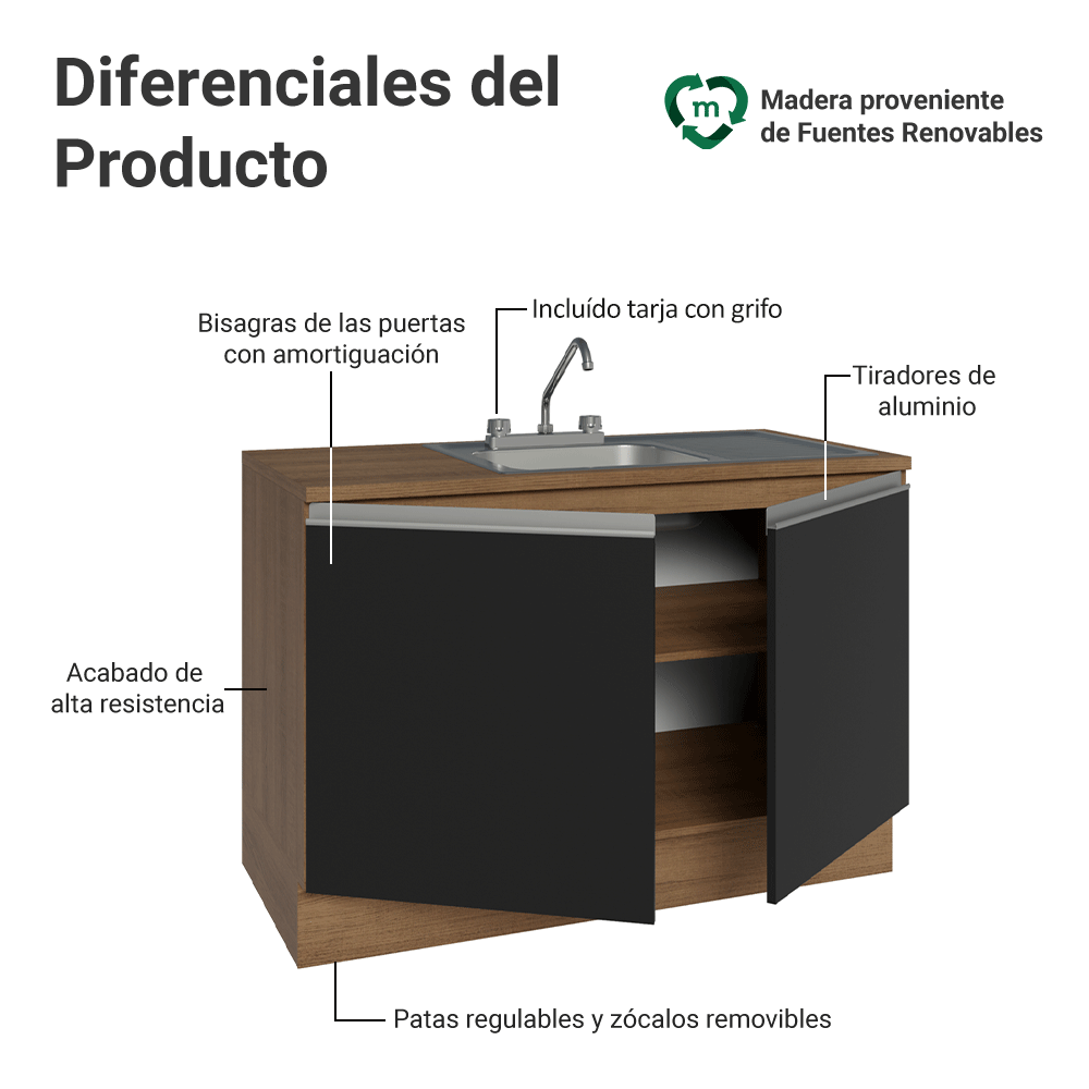 Gabinete Bajo para Fregadero con Accesorios de Cocina 120 x 60 cm 2 Puertas (Con Encimera) Glamy Marrón/Negro