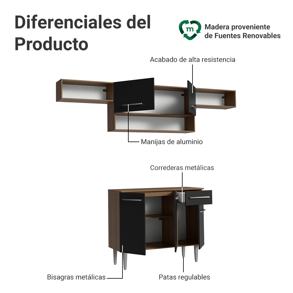 Cocina Integral 225cm Marrón/Negro Emilly Madesa 01