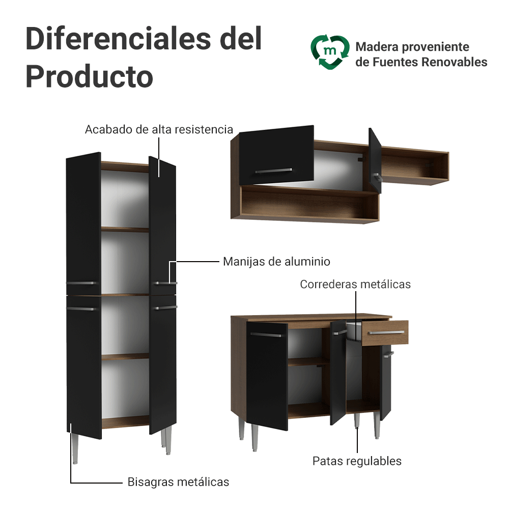 Cocina Integral 229cm Marrón/Negro Emilly Madesa 18