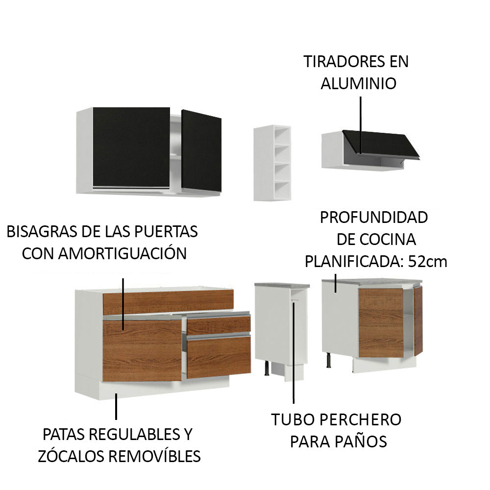 Kit Cocina Lineal- Glamy 220 cm - Blanco - Marrón / Negro
