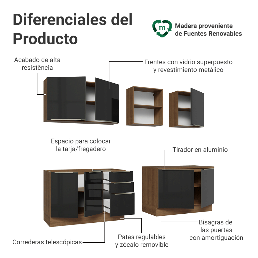 Cocina Integral 240 cm Marrón/Negro Lux Madesa 09
