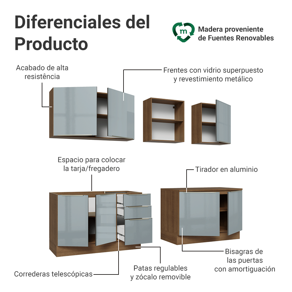 Cocina Integral 240 cm Marrón/Gris Lux Madesa 09