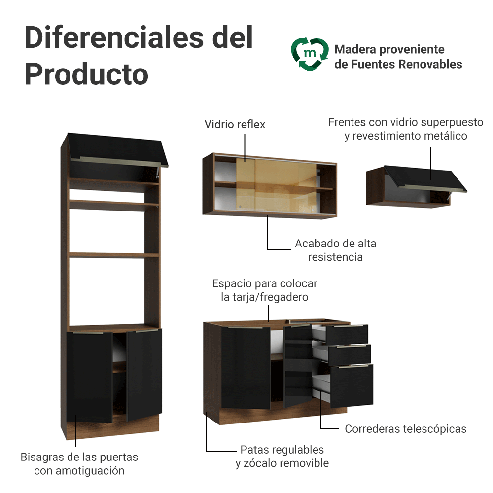 Cocina Integral 270 cm Marrón/Negro Lux Madesa 07