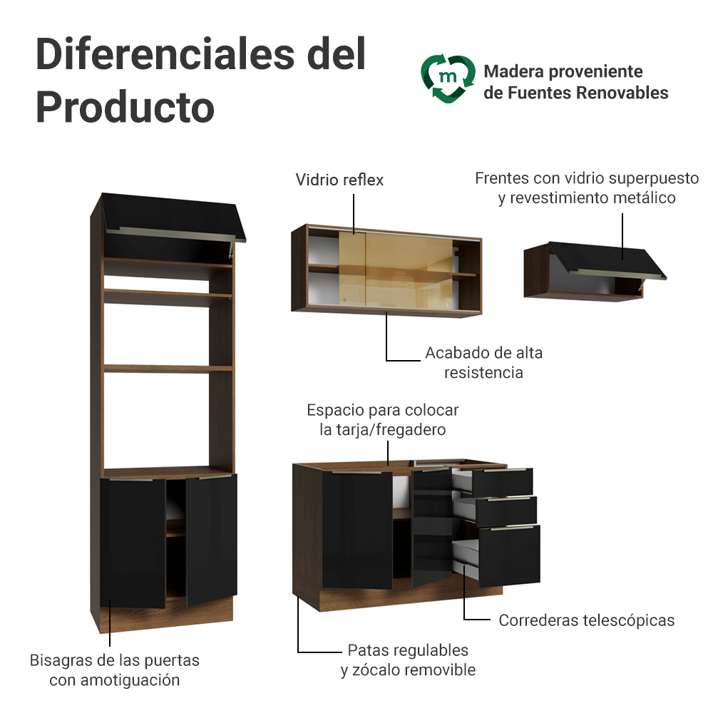 Cocina Integrale 270 x 60 cm Marrón/Negro Lux Madesa 08