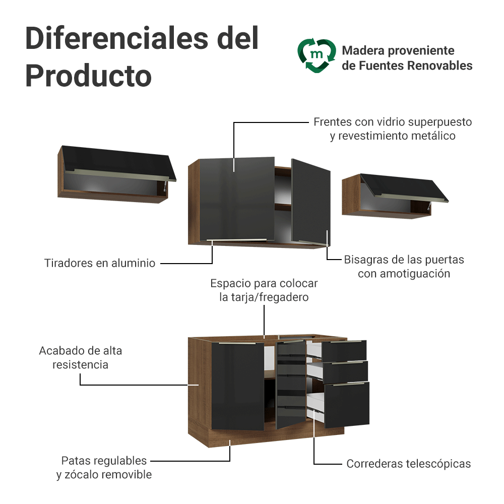Cocina Integral 280 x 60 cm Marrón/Negro Lux Madesa 02