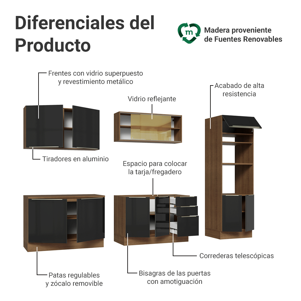 Cocina Integral 310 cm Marrón/Negro Lux Madesa 03