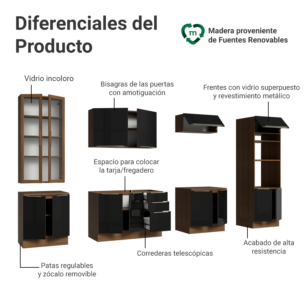 Cocina Integral 340 x 60 cm Marrón/Negro Lux Madesa 04