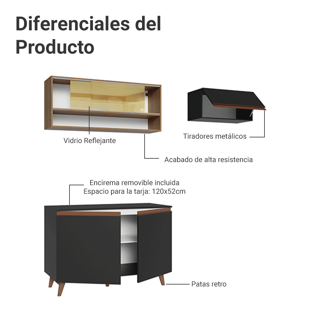 Cocina Integral 190cm Negro/Marrón Reims Madesa 07