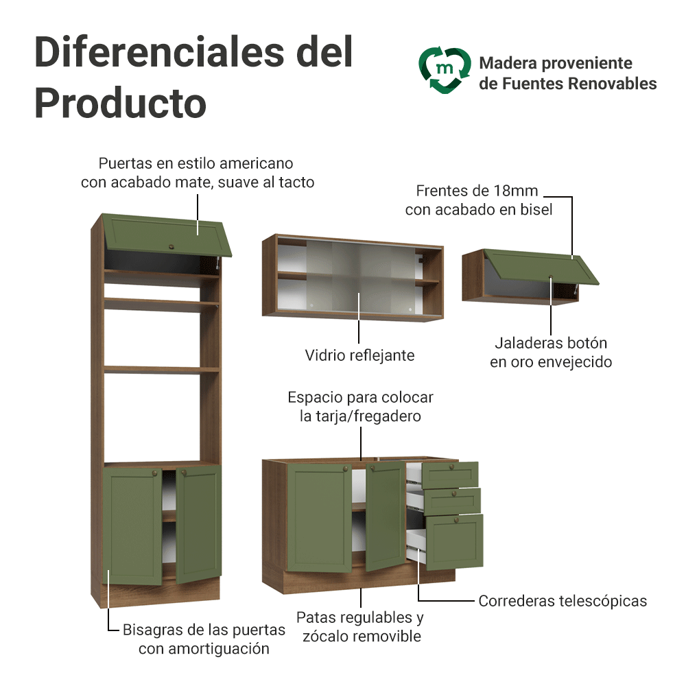 Cocina Integral 270 cm Marrón/Verde Vik Madesa 03