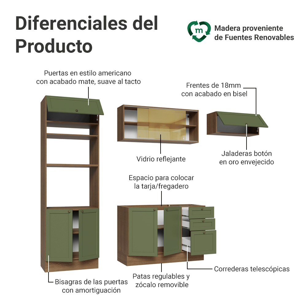 Cocina Integral 270 cm Marrón/Verde Vik Madesa 04