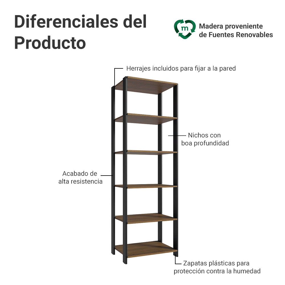 Estante Armario Multiuso para Escritorio 59cm 5 Repisas Marrón/Negro Madesa