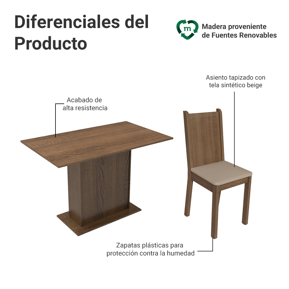 Juego de Comedor Mesa Encimera de Madera con 4 Sillas Marrón/Perla Luana