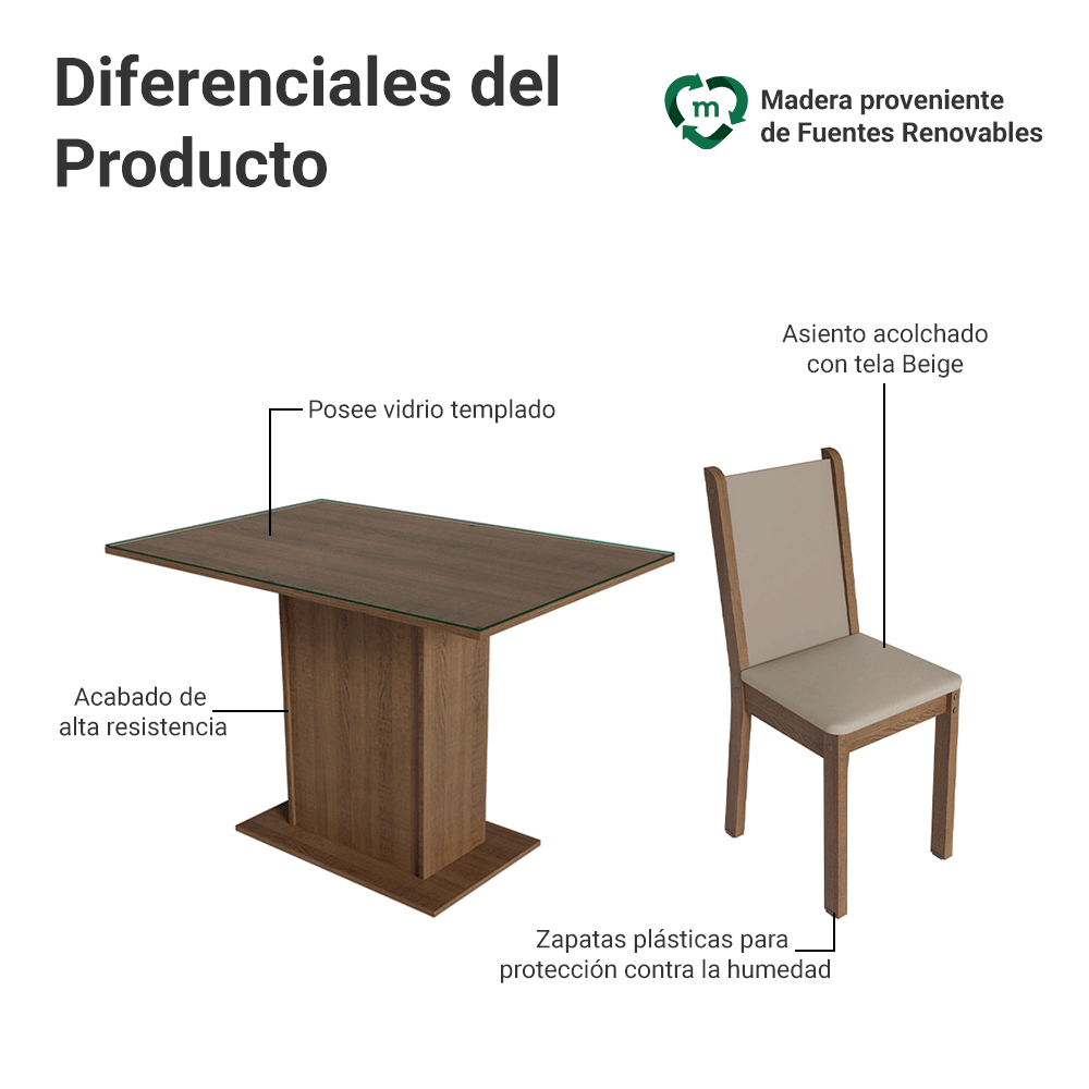 Juego de Comedor Mesa con Encimera de Vidrio 4 Sillas Marrón/Crema/Sintético Beige Martina