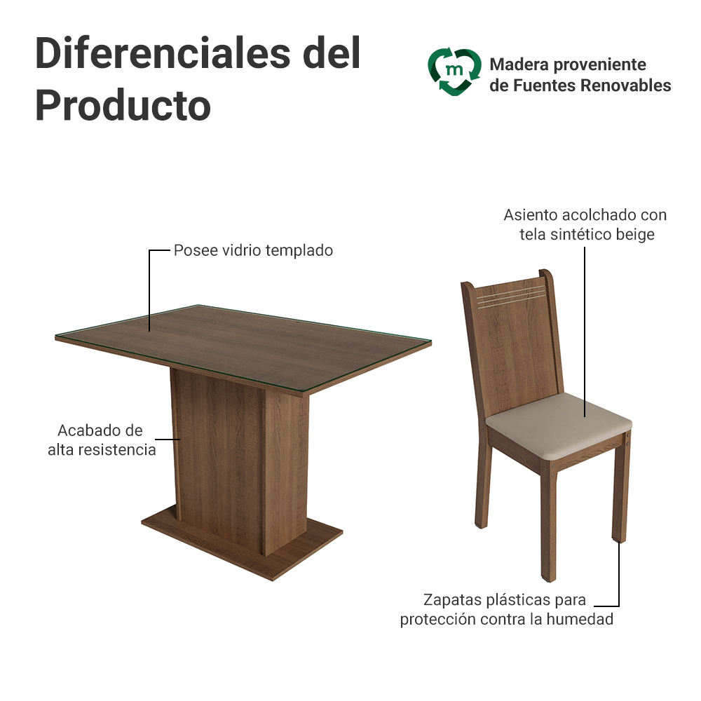 Juego de Comedor Mesa con Encimera de Vidrio 4 Sillas Marrón/Beige Camelia
