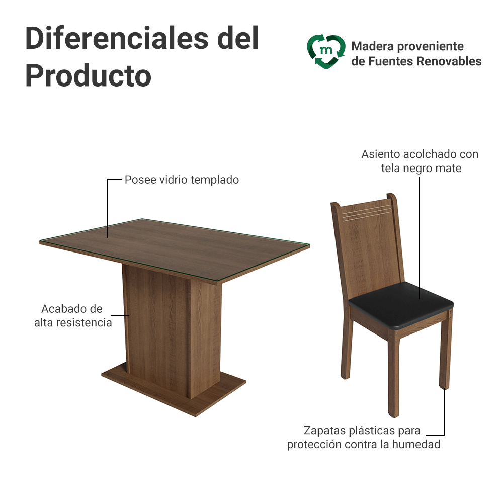 Juego de Comedor Mesa con Encimera de Vidrio 4 Sillas Marrón/Negro Camelia