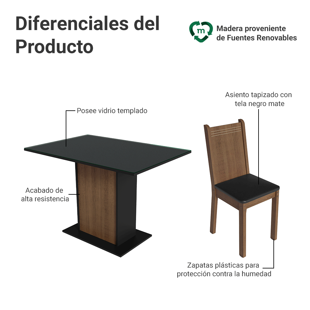 Juego de Comedor Mesa con Encimera de Vidrio 4 Sillas Negro/Marrón Camelia