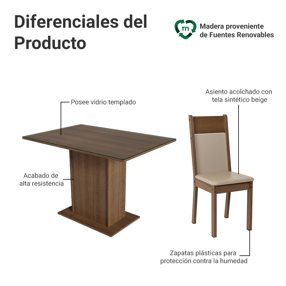 Juego de Comedor Mesa con Encimera de Vidrio 4 Sillas Marrón/Crema/Beige Viena