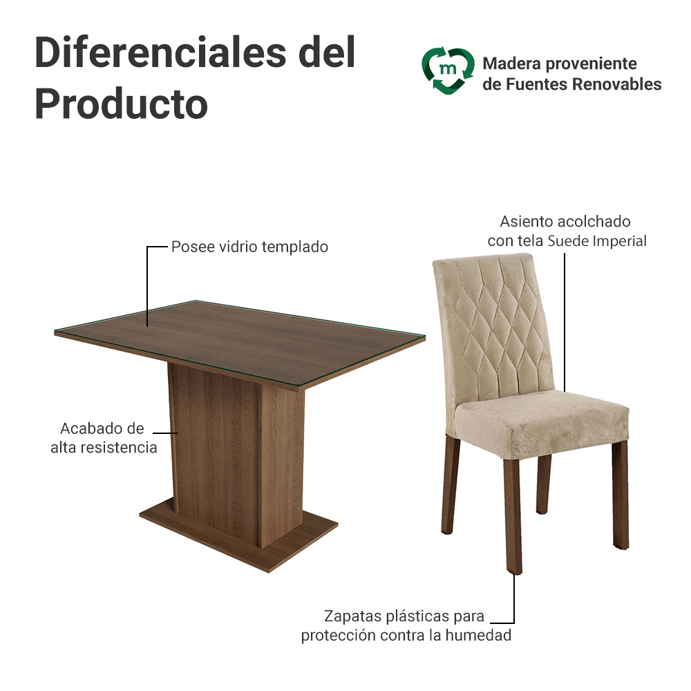 Juego de Comedor Mesa con Encimera de Vidrio 4 Sillas Marrón/Imperial Reale