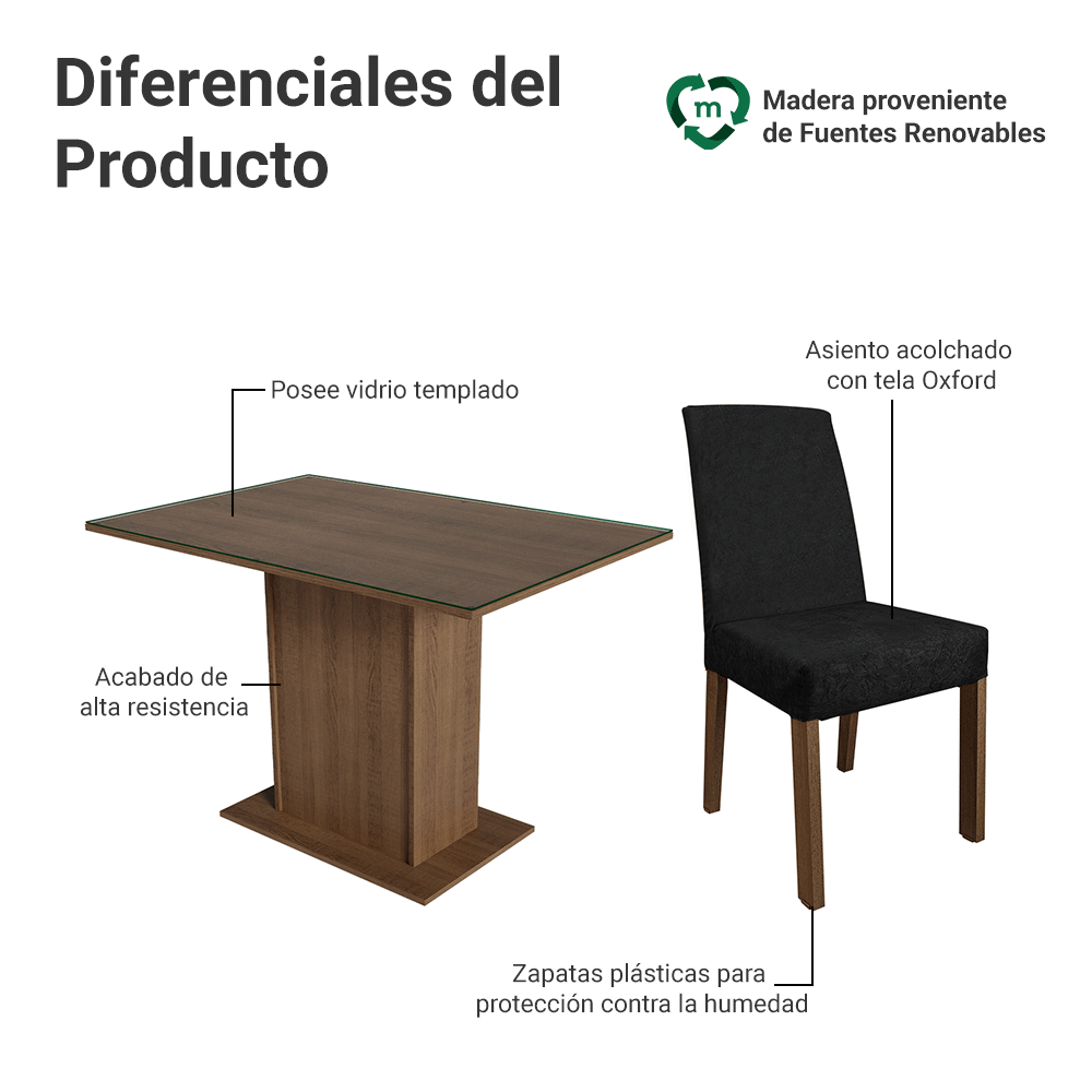 Juego de Comedor Mesa con Encimera de Vidrio 4 Sillas Marrón/Oxford Zion