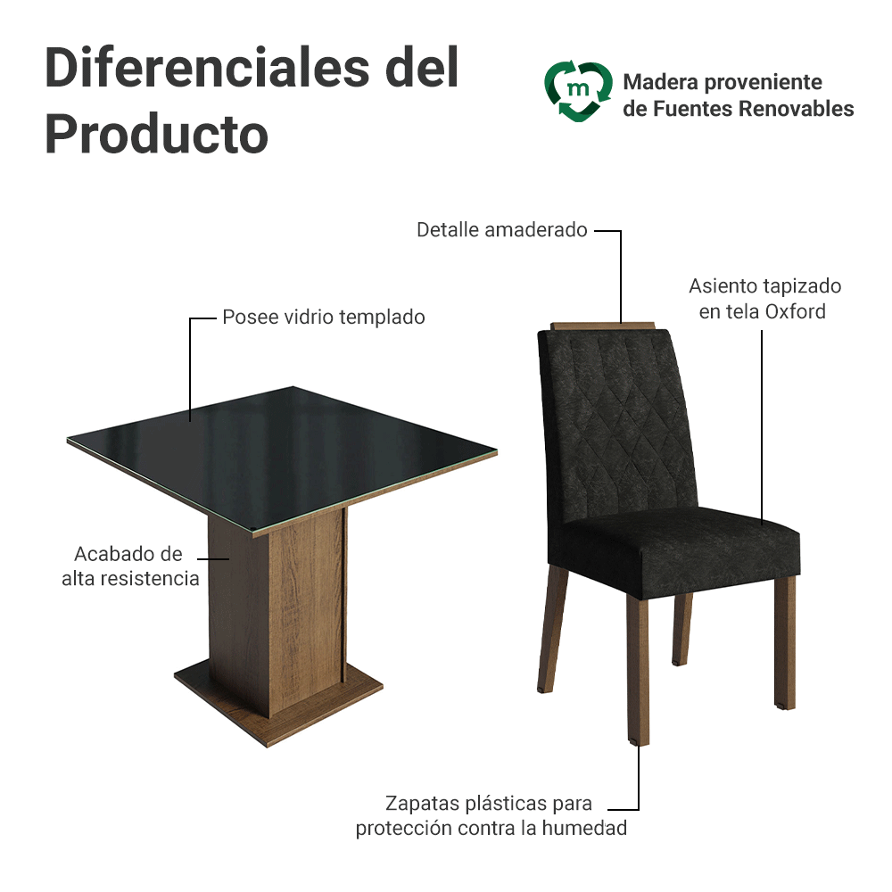 Juego de Comedor Encimera de Vidrio 4 Sillas Marrón/Negro/Oxford Capri Madesa