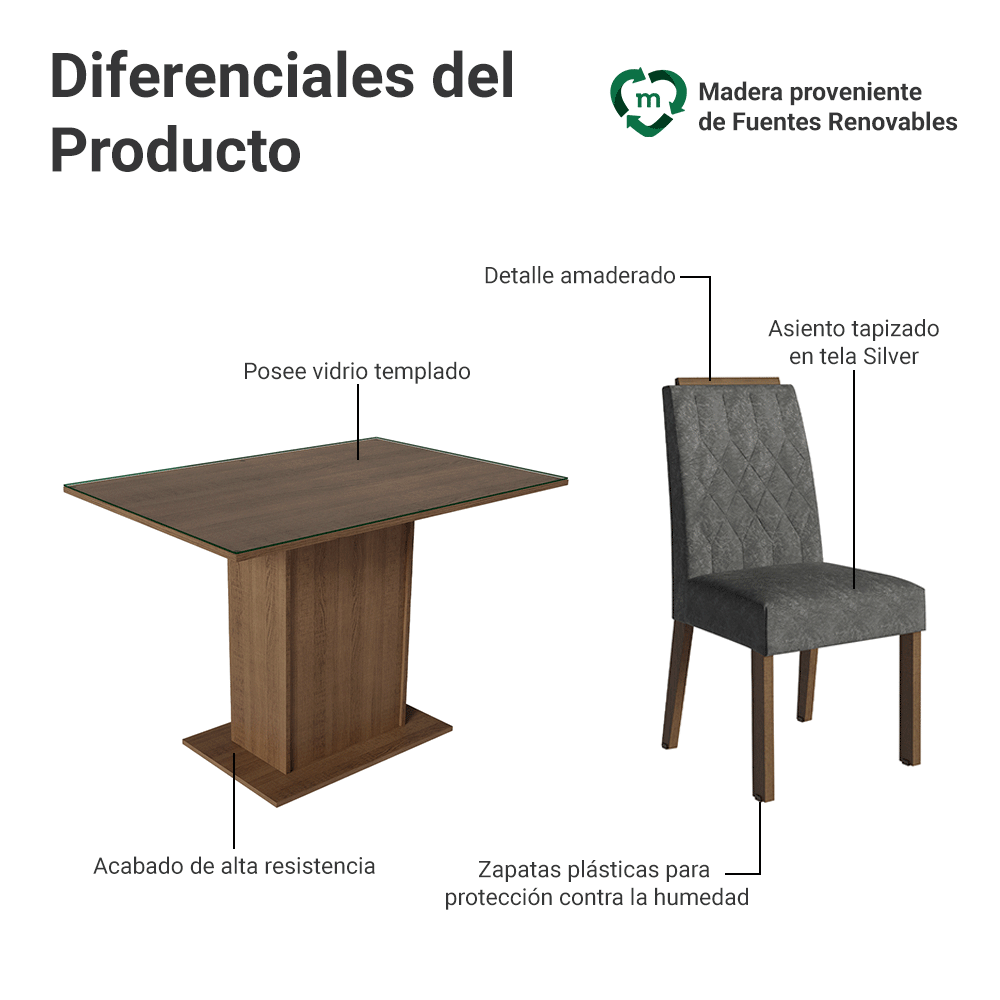 Conjunto de Comedor Encimera de Vidrio 4 Sillas Marrón/Silver Pitanga Madesa