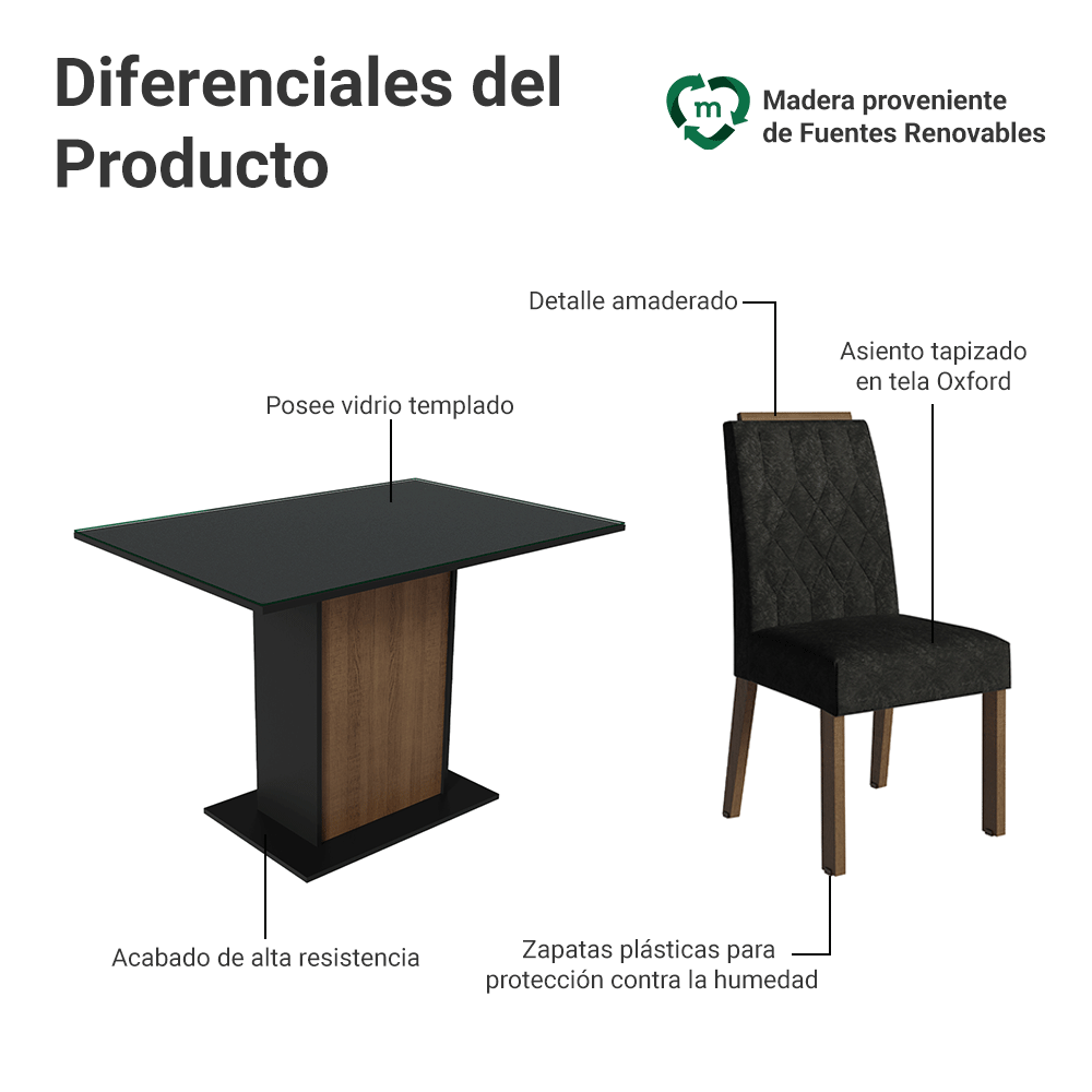 Conjunto de Comedor Encimera de Vidrio 4 Sillas Marrón/Negro/Oxford Pitanga Madesa