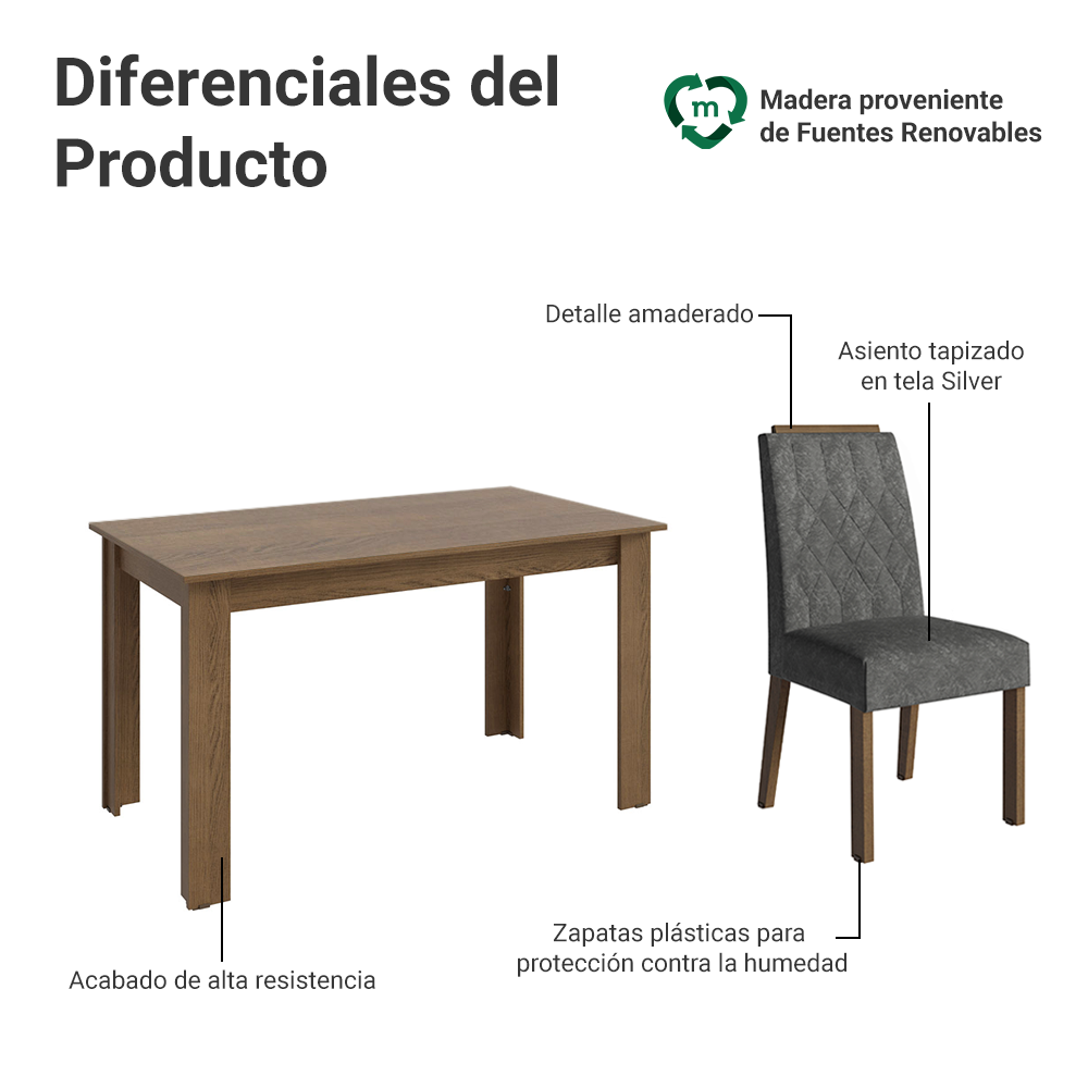 Conjunto de Comedor Encimera de Madera 4 Sillas Marrón/Silver Hera Madesa