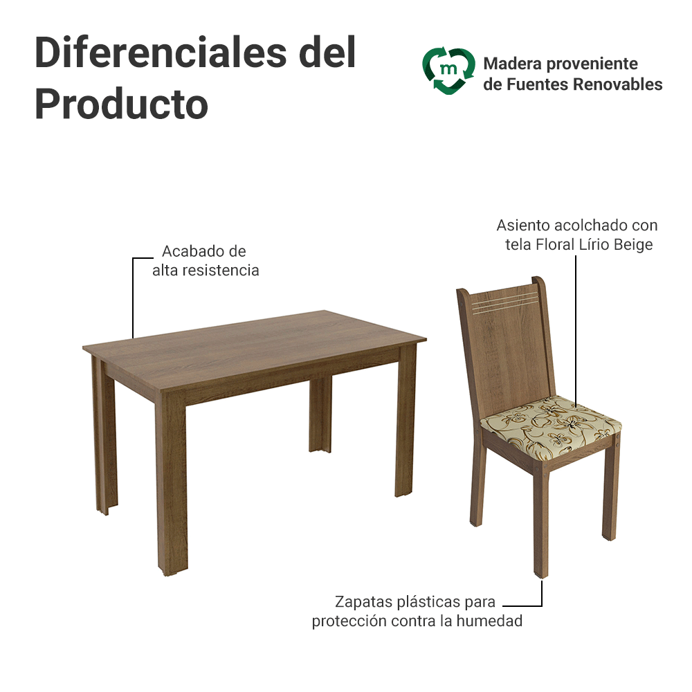Juego de Comedor Analu Mesa con Encimera y 6 Sillas Marrón/Lírio Beige