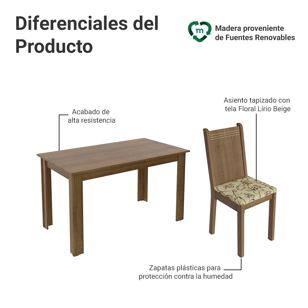 Juego de Comedor Analu Mesa con Encimera y 6 Sillas Marrón/Lírio Beige