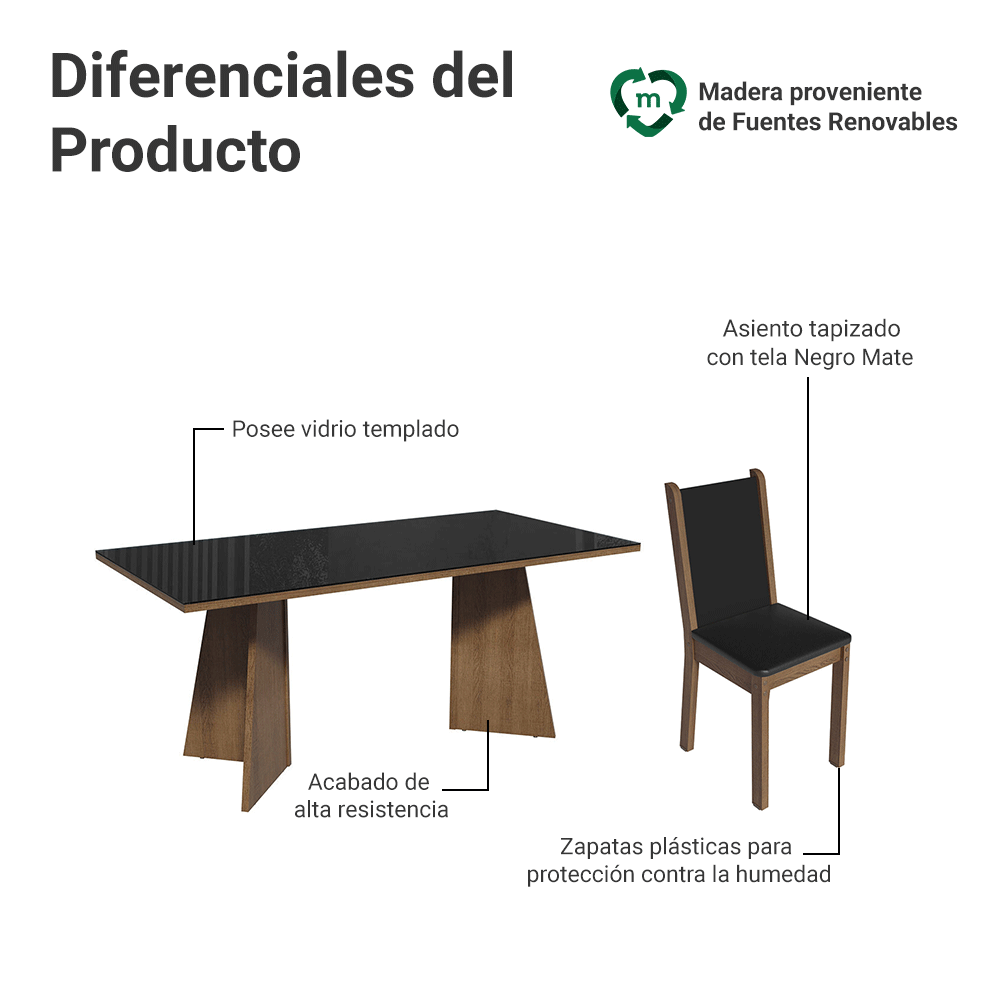 Juego de Comedor Mesa Encimera de Madera y Vidrio 6 Sillas Marrón//Negro Viola