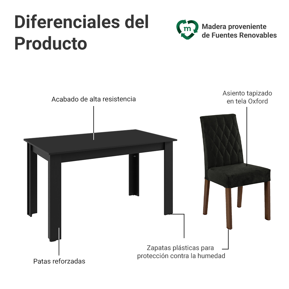 Juego de Comedor Mesa con Encimera de Madera 6 Sillas Marrón/Negro/Oxford Allegro