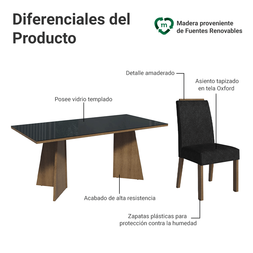 Juego de Comedor Encimera de Vidrio 6 Sillas Marrón/Negro/Oxford Amalfi Madesa