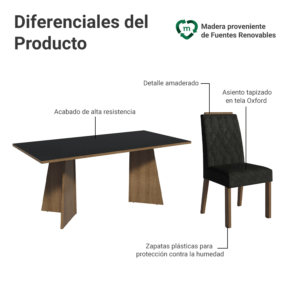 Juego de Comedor Encimera de Madera 6 Sillas Marrón/Negro/Oxford York Madesa