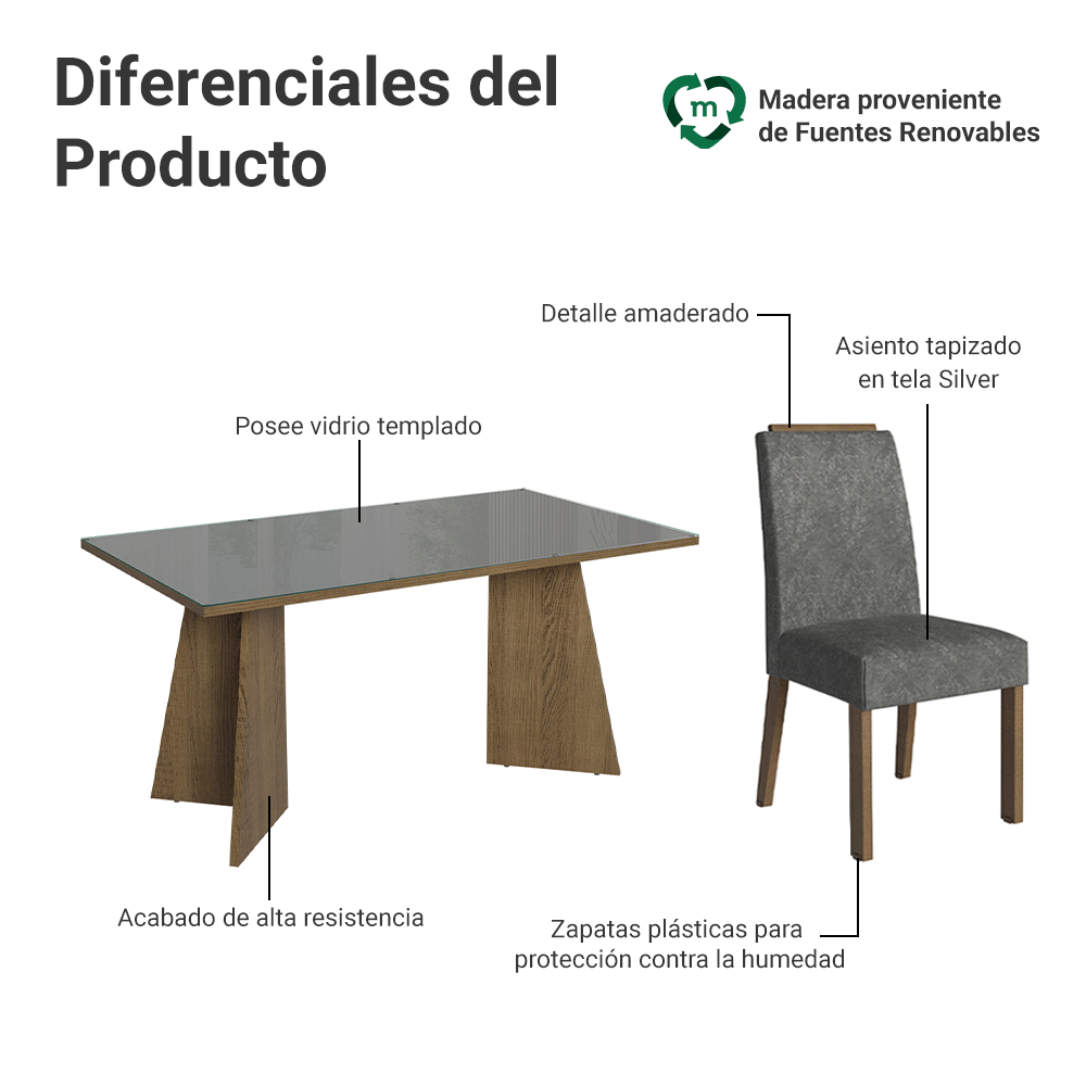Conjunto de Comedor Encimera de Vidrio 6 Sillas Marrón/Gris/Silver Madrid Madesa