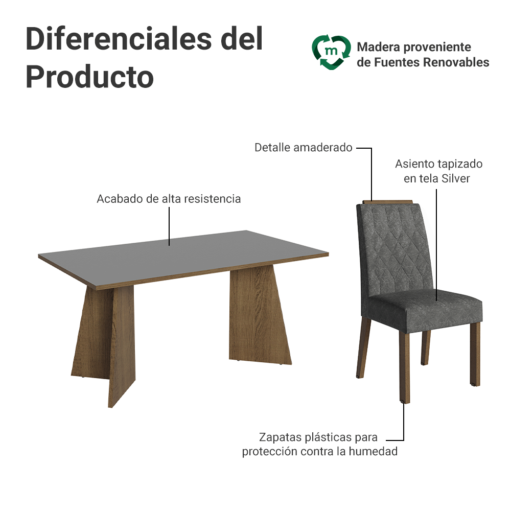 Juego de Comedor Encimera de Madera 6 Sillas Marrón/Gris/Silver Leon Madesa