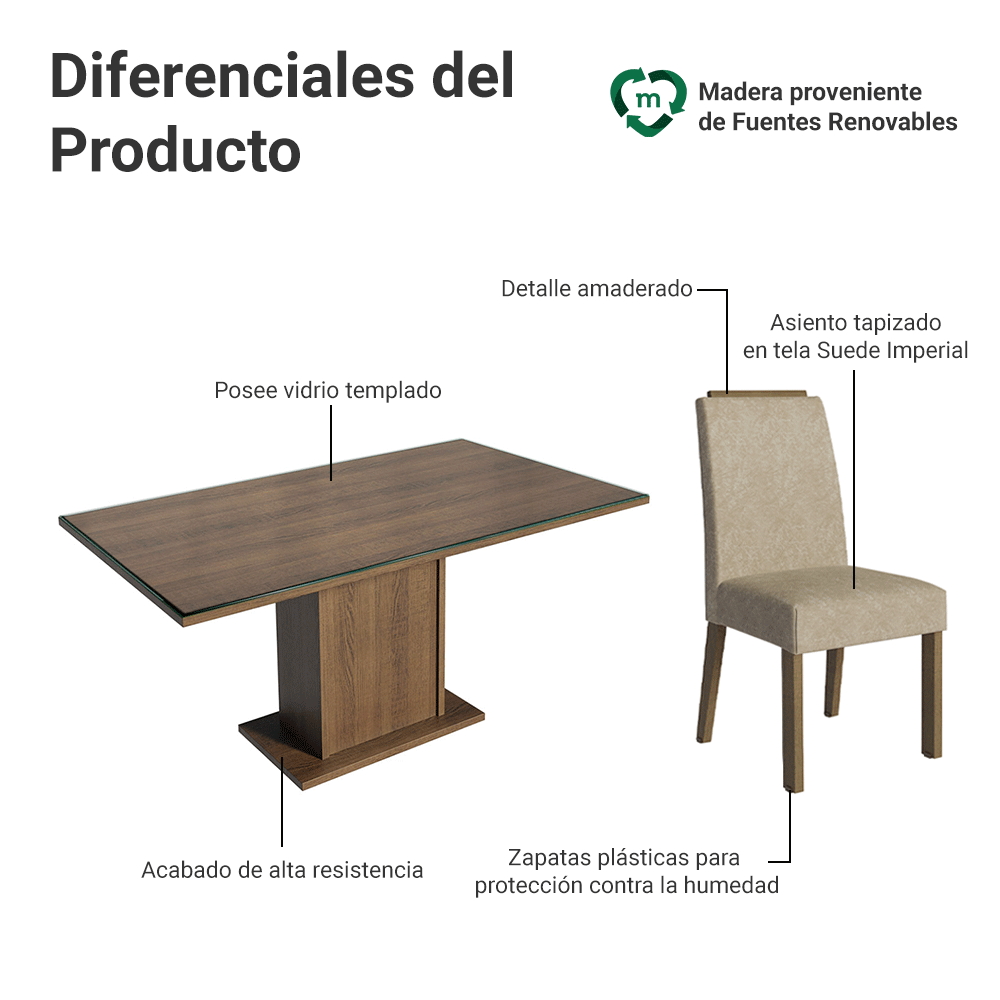 Conjunto de Comedor Encimera de Vidrio 6 Sillas Marrón/Imperial Dália Madesa
