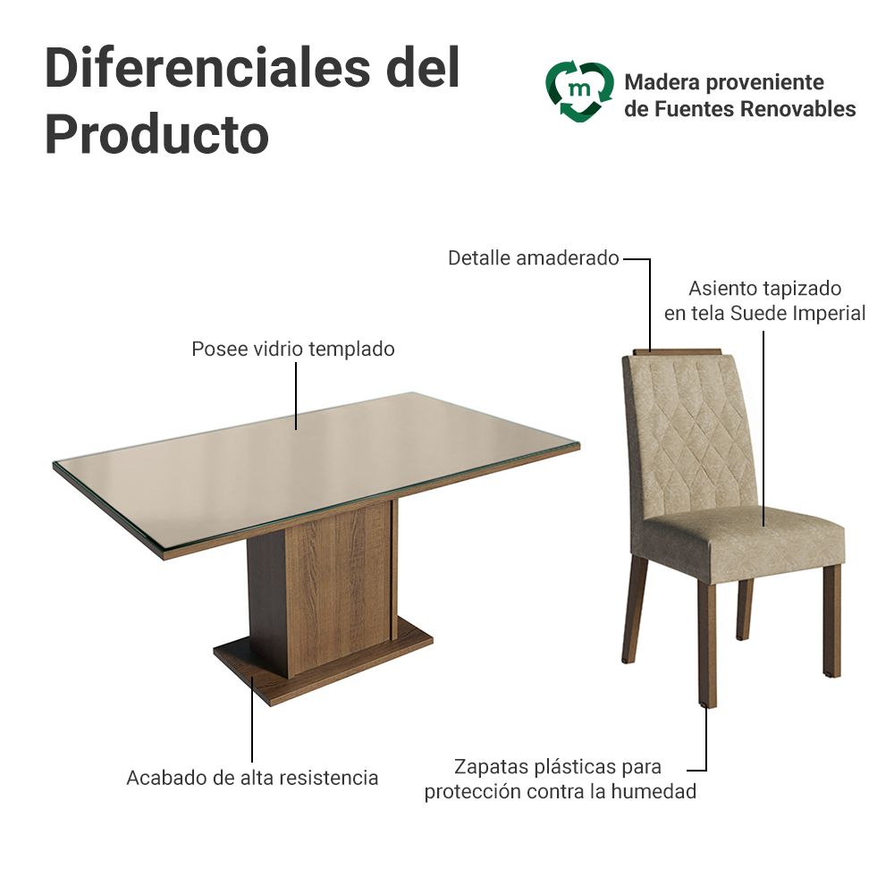 Conjunto de Comedor Encimera de Vidrio 6 Sillas Marrón/Crema/Imperial Azaleia Madesa