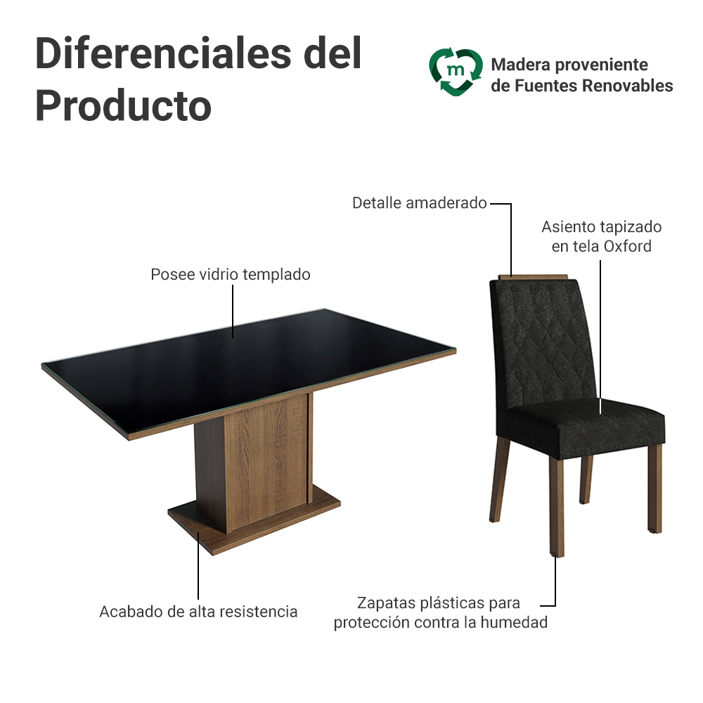 Conjunto de Comedor Encimera de Vidrio 6 Sillas Marrón/Negro/Oxford Azaleia Madesa