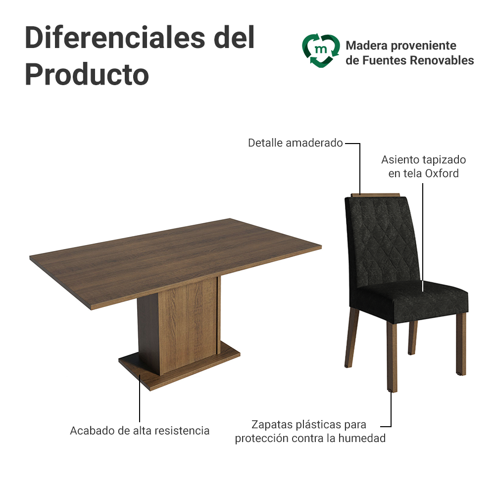 Conjunto de Comedor Encimera de Madera 6 Sillas Marrón/Oxford Bosque Madesa