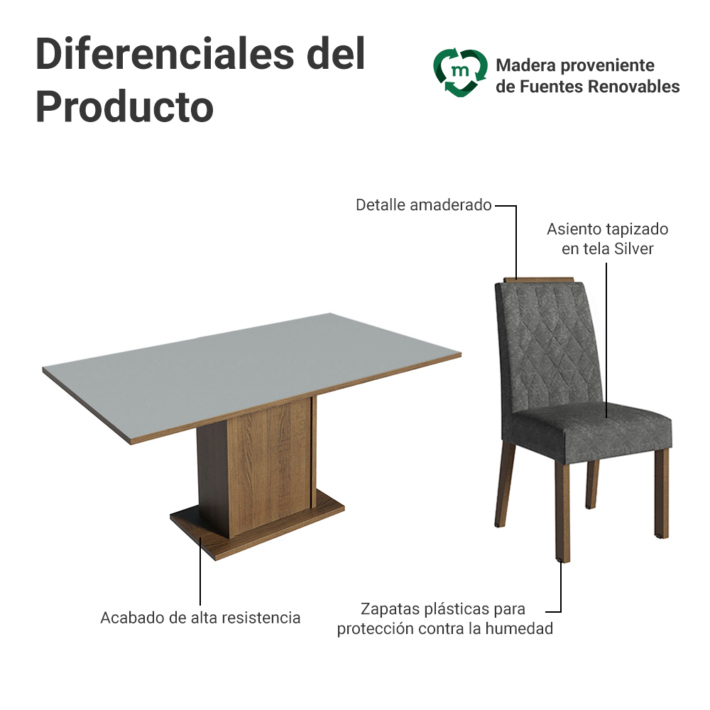 Conjunto de Comedor Encimera de Madera 6 Sillas Marrón/Gris/Silver Bosque Madesa