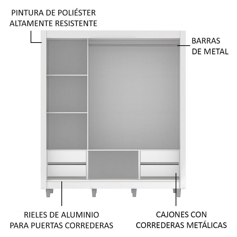 Clóset Matrimonial Lyon Plus 3 Puertas Correderas 4 Cajones con Patas Blanco