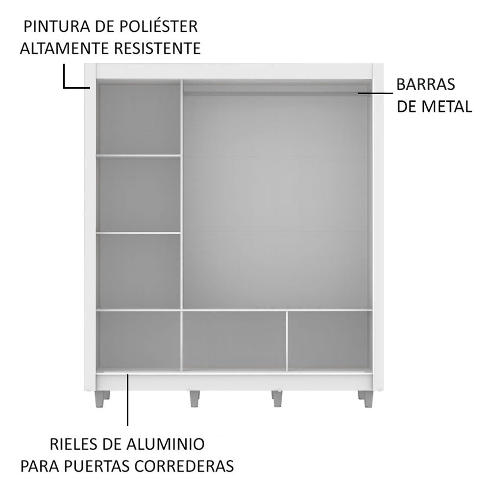 Clóset Matrimonial 3 Puertas Corredizas con Espejos con Patas Blanco/Marrón Monaco