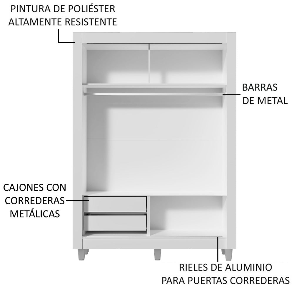 Clóset Soltero 2 Puertas Corredizas Espejo 2 Cajones con Patas Blanco/Marrón Dallas