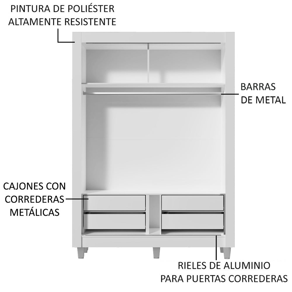 Clóset Soltero 2 Puertas Corredizas Espejo 4 Cajones con Patas Blanco/Marrón Dallas Plus