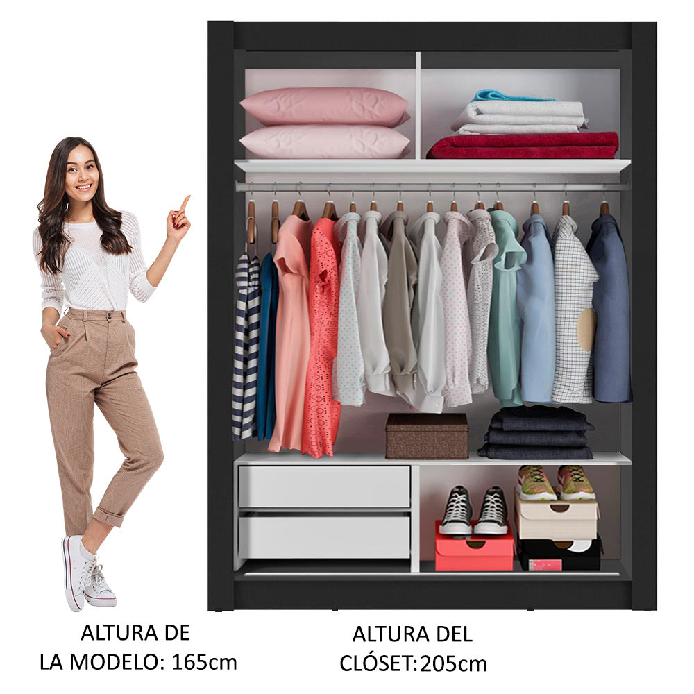 Clóset Soltero 2 Puertas Corredizas con Espejo 2 Cajones Negro/Marrón Dallas