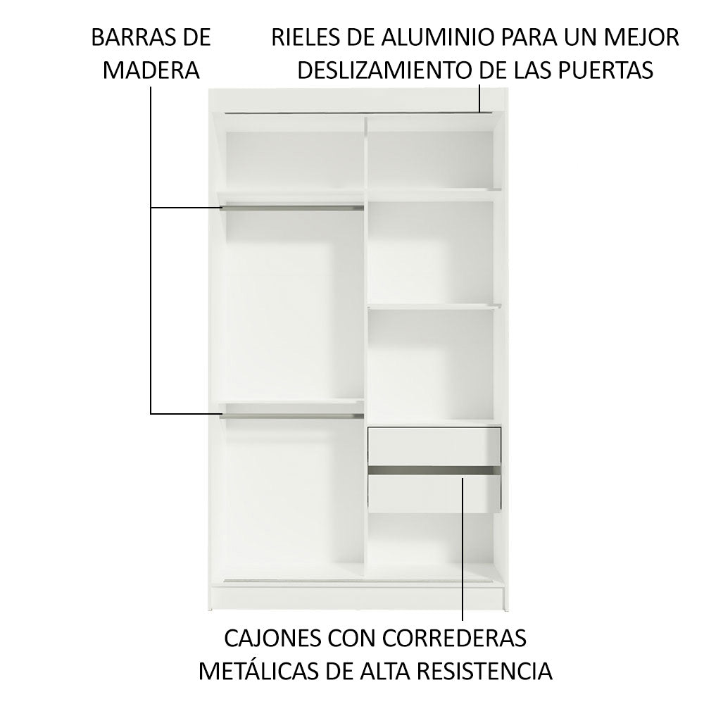 Clóset Soltero Tokio 2 Puertas Correderas con Espejo 2 Cajones Blanco