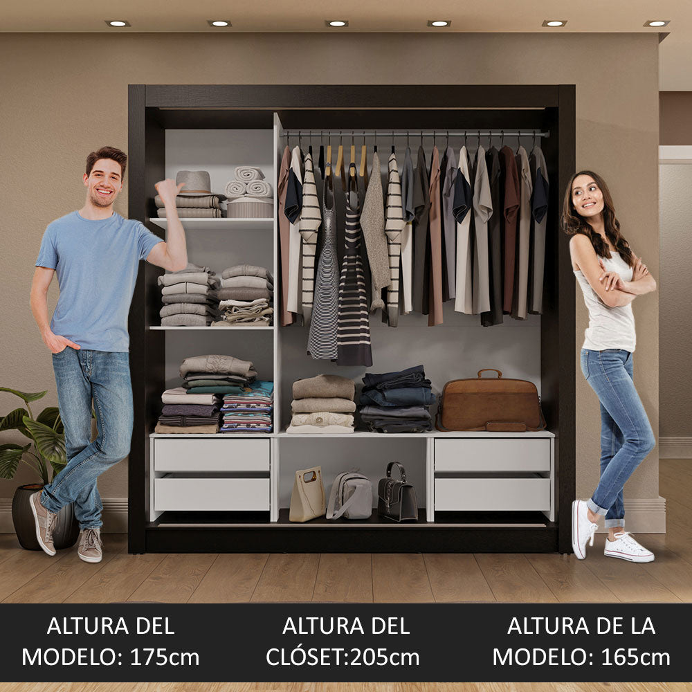 Clóset Matrimonial 3 Puertas Corredizas con Espejos 4 Cajones Negro/Blanco Sublime Plus