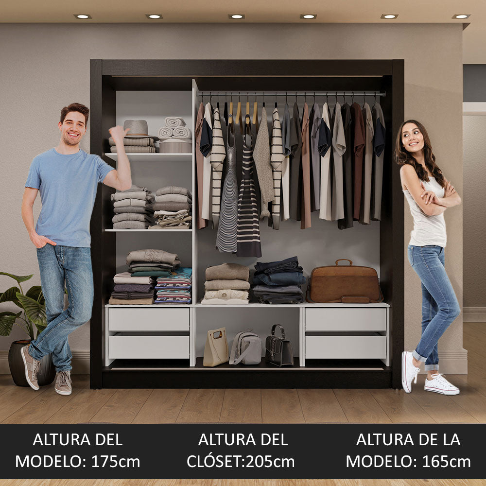 Clóset Matrimonial 3 Puertas Corredizas con Espejo 4 Cajones Negro/Marrón Sublime Plus