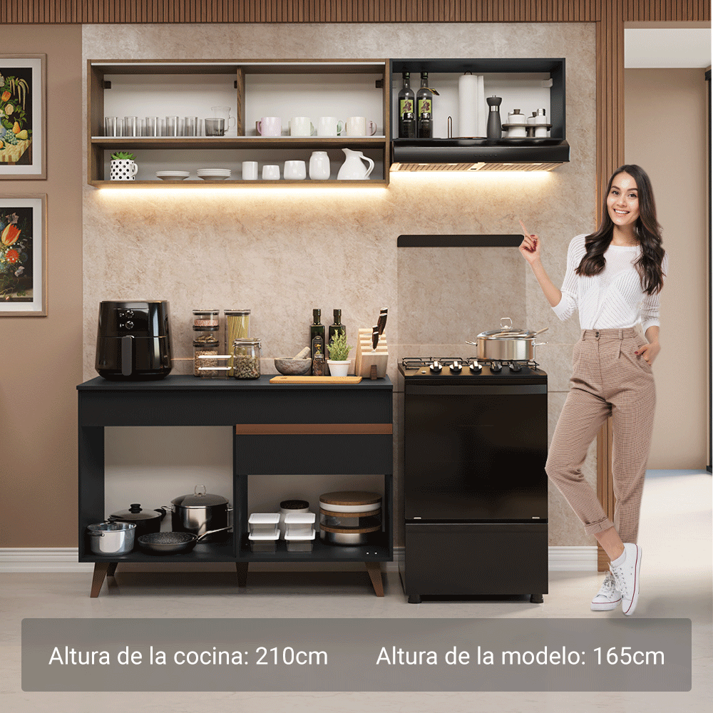 Cocina Integral 190cm Negro/Marrón Reims Madesa 06